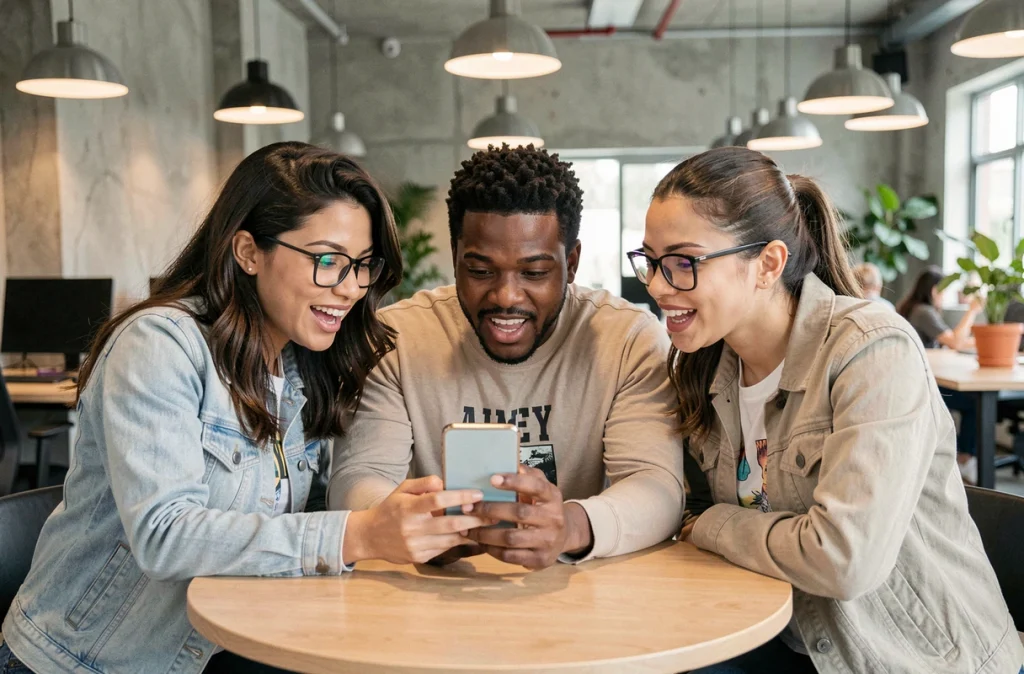 Groupe de jeunes amis réagissant ensemble à du contenu sur les réseaux sociaux dans un espace de coworking
