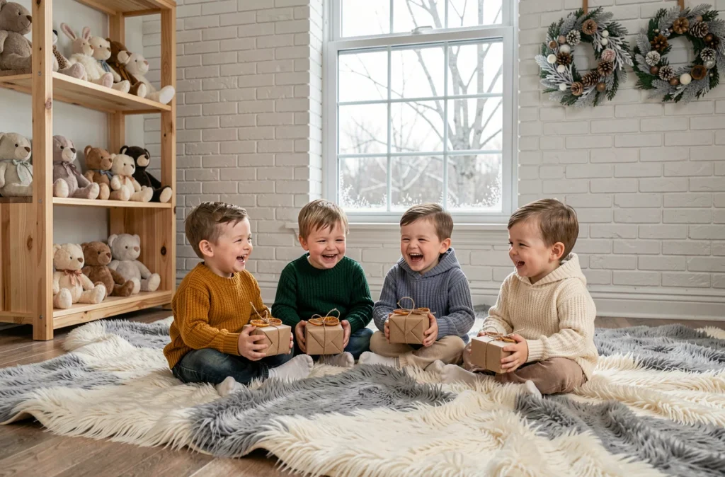 Groupe de tout-petits en pulls d'hiver assis sur un tapis moelleux lors d'une fête d'anniversaire en intérieur