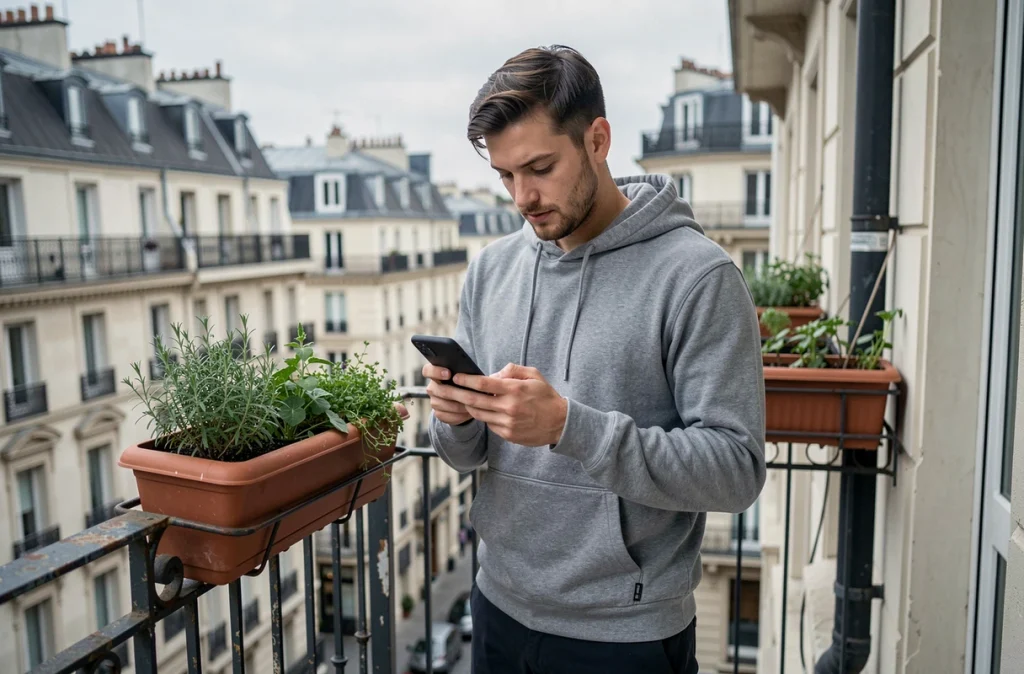 Jeune homme consultant une application d'assurance habitation sur son smartphone depuis le balcon d'un immeuble urbain