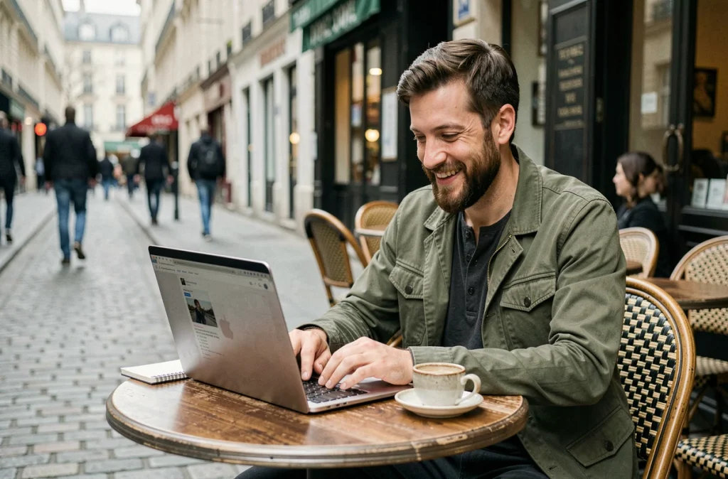 Homme barbu consultant un blog sur son ordinateur portable à la terrasse d'un café parisien