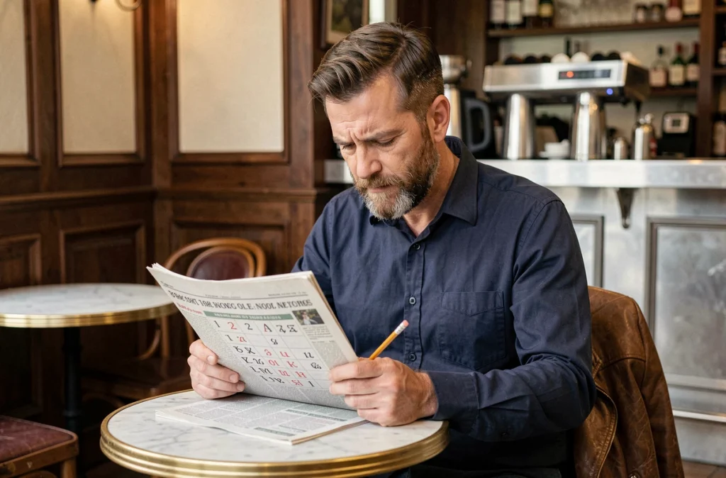 Homme adulte concentré sur un jeu du pendu avec mots difficiles dans un journal dans un café parisien