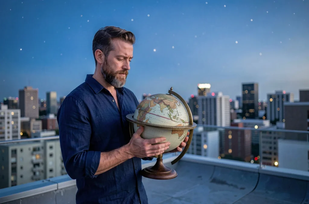 Homme tenant un globe céleste vintage sur une terrasse au crépuscule, symbolisant le signe du Cancer du 12 juillet