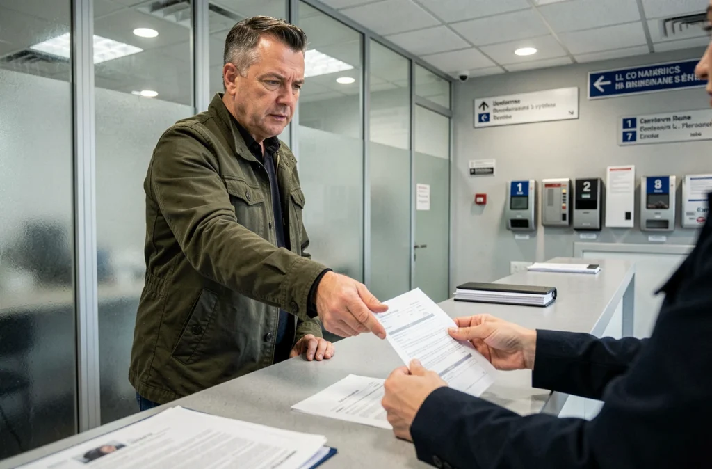 Homme déposant des documents administratifs au guichet d'un service public pour un recours ANTS