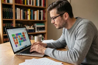 Homme concentré résolvant un jeu de mots type Pedantix sur son ordinateur portable dans un bureau à domicile entouré de livres et de dictionnaires