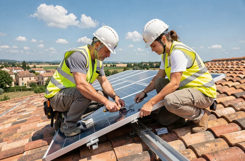Installateurs de panneaux solaires photovoltaïques travaillant sur un toit de maison individuelle en France