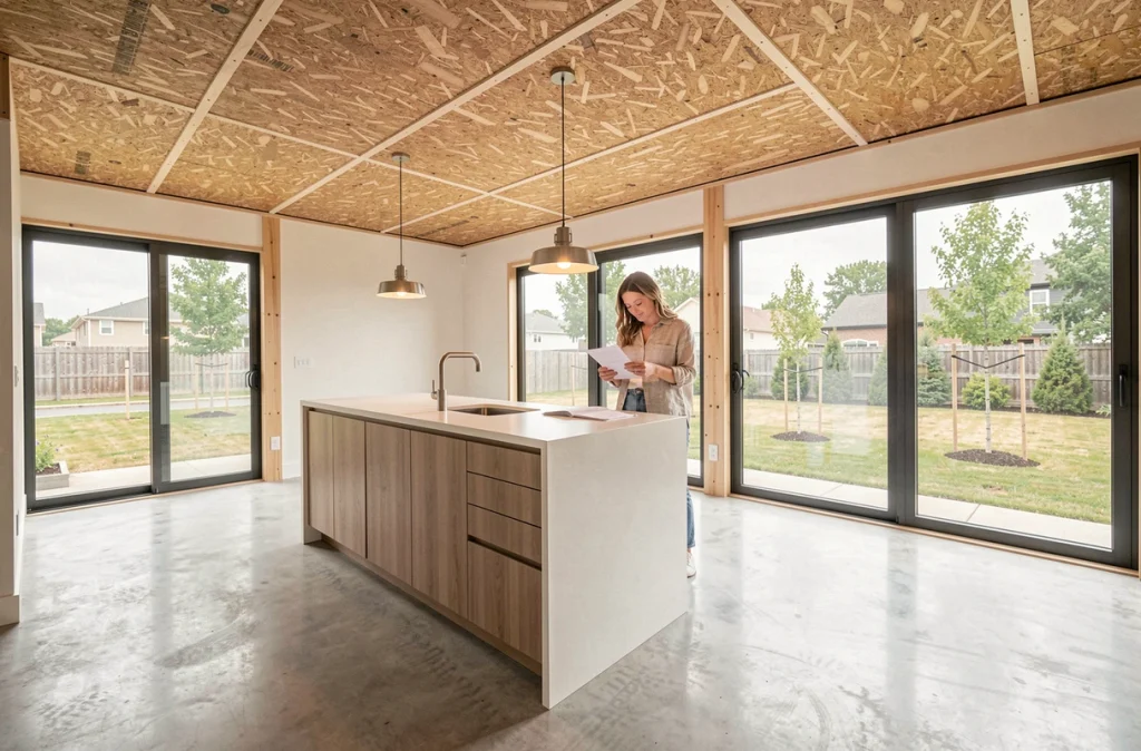 Intérieur lumineux d'une maison modulaire avec plafond en bois lamellé-croisé et sol en béton poli dans une zone périurbaine