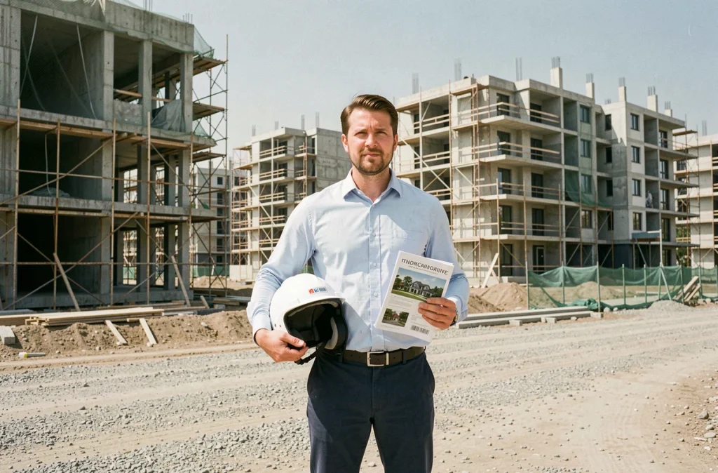 Investisseur immobilier debout devant un chantier de construction de logements neufs achetés sur plan