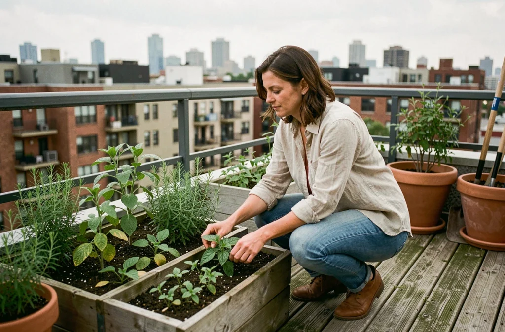 Femme entretenant un jardin potager partagé sur la terrasse d'un immeuble en copropriété avec vue sur la ville