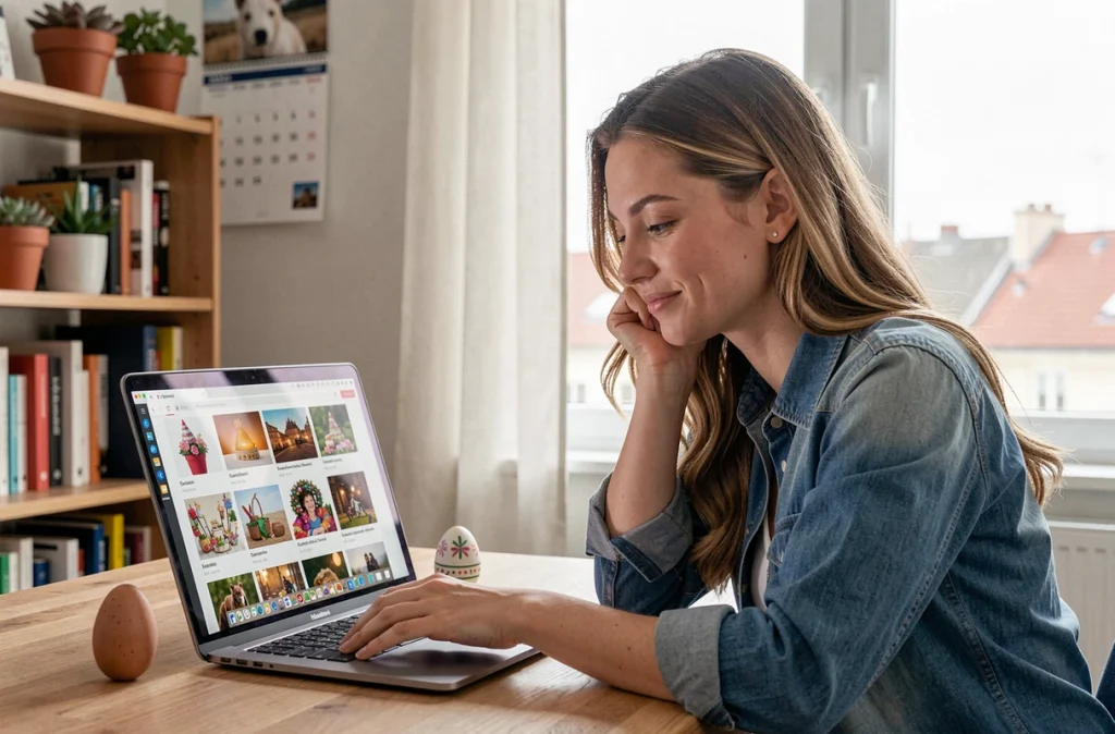 Jeune femme choisissant une image de Pâques sur son ordinateur portable dans un bureau à domicile décoré