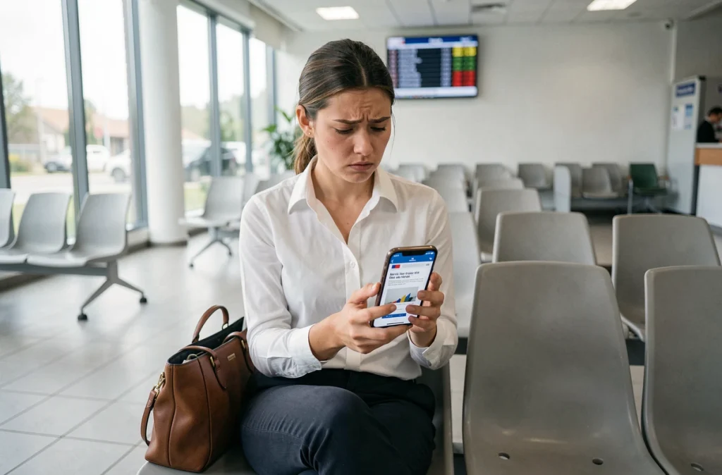 Jeune femme consultant le site de l'ANTS sur son smartphone dans une salle d'attente administrative