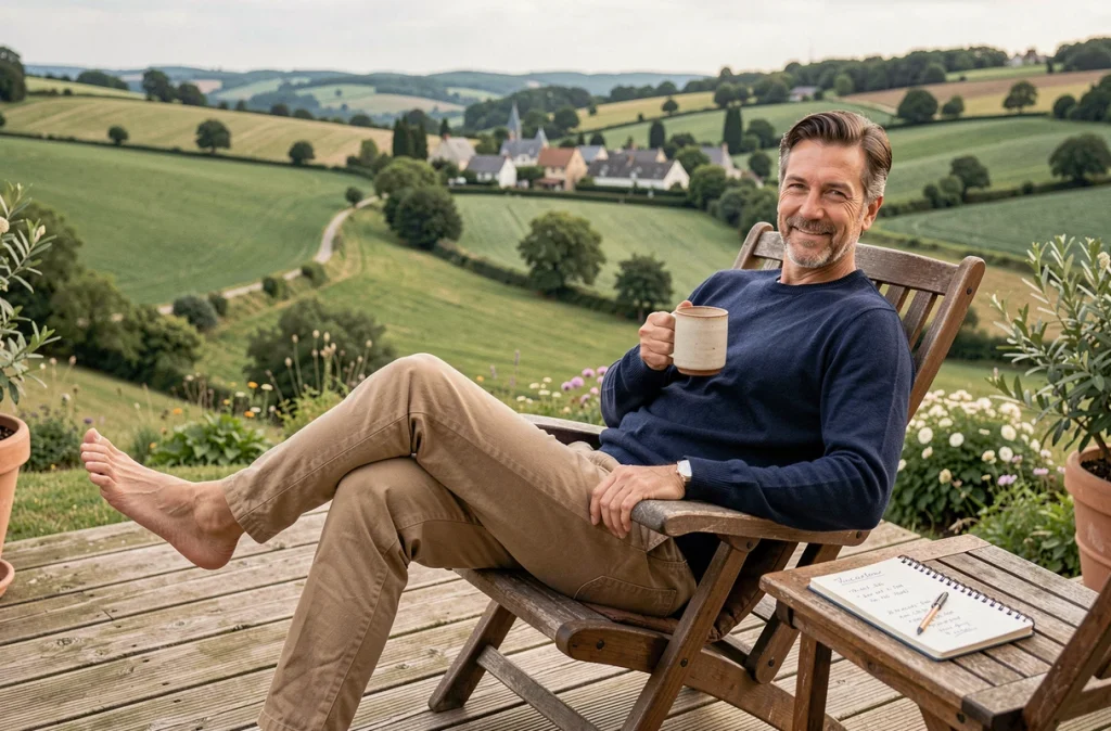 Homme profitant d'un long week-end de mai en terrasse à la campagne avec son planning de vacances