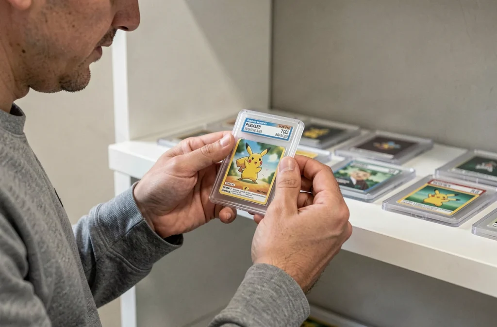Mains de collectionneur tenant une carte Pikachu Pokémon gradée dans une dalle de protection PSA