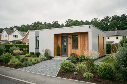 Maison modulaire moderne installée dans un quartier périurbain avec bardage bois et façade en panneaux préfabriqués gris