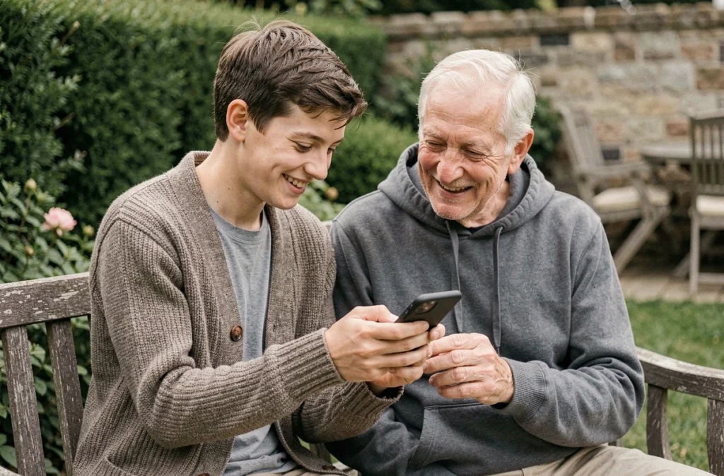 Un adolescent montre son téléphone à son grand-père assis sur un banc de jardin lors d'un moment de partage intergénérationnel