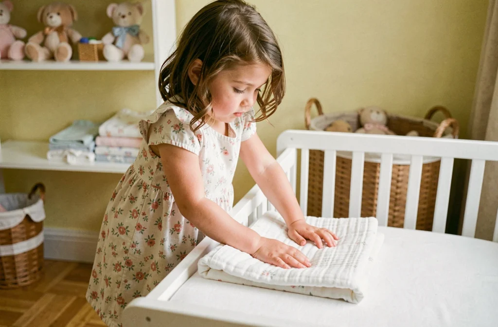 Petite fille de quatre ans préparant le lit de son futur petit frère ou petite sœur dans la chambre du bébé