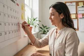 Femme planifiant ses congés de mai 2026 sur un calendrier papier dans un bureau à domicile