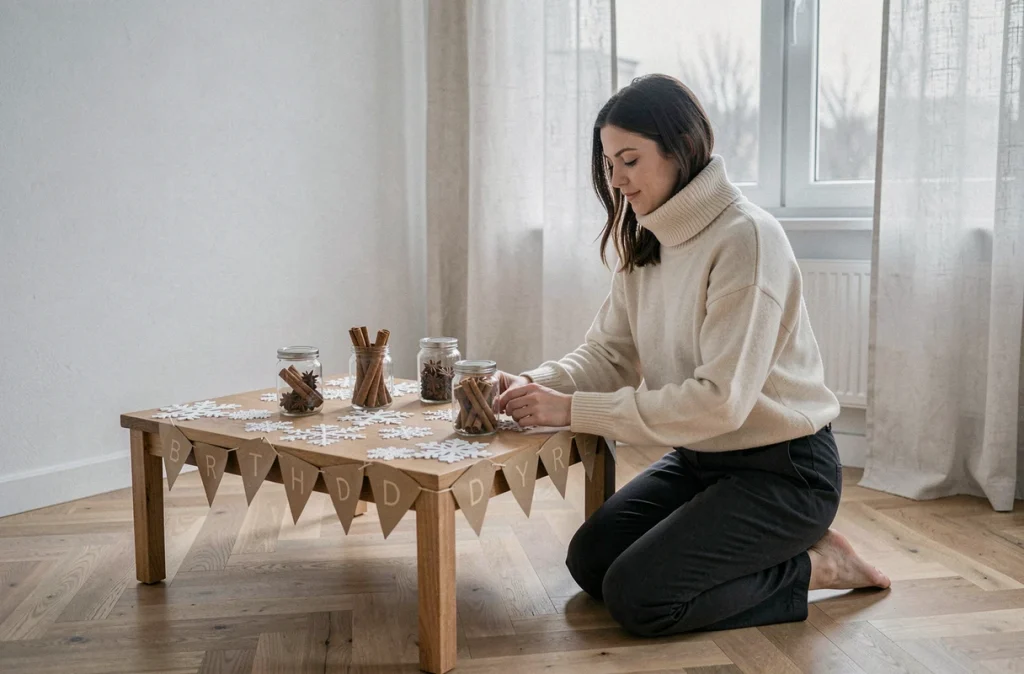 Mère préparant une décoration d'anniversaire hivernale artisanale sur une table basse dans un intérieur scandinave