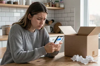 Femme frustrée consultant une application de suivi de livraison sur son smartphone avec un colis retardé sur la table