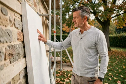 Propriétaire inspectant l'isolation thermique extérieure de sa maison en pierre lors d'une rénovation énergétique