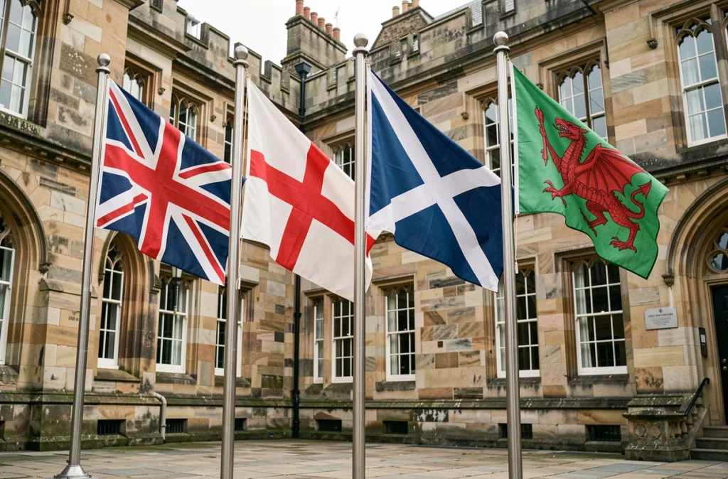 Quatre drapeaux du Royaume-Uni côte à côte : Union Jack, Angleterre, Écosse et Pays de Galles