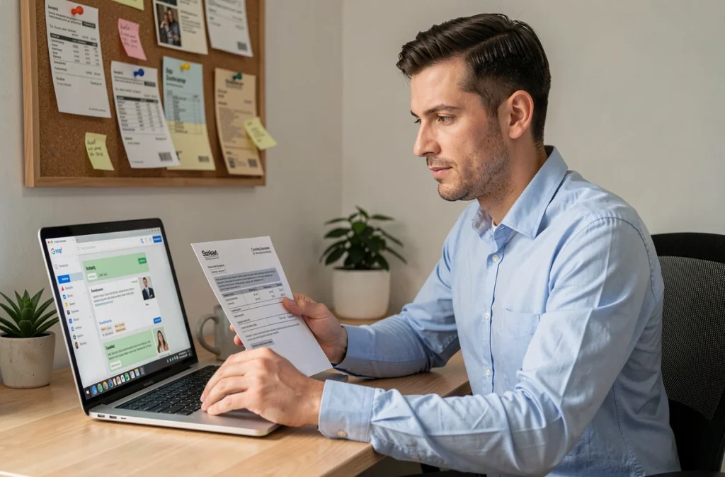 Homme contactant le service client d'une boutique en ligne depuis son bureau à domicile pour résoudre un problème de livraison