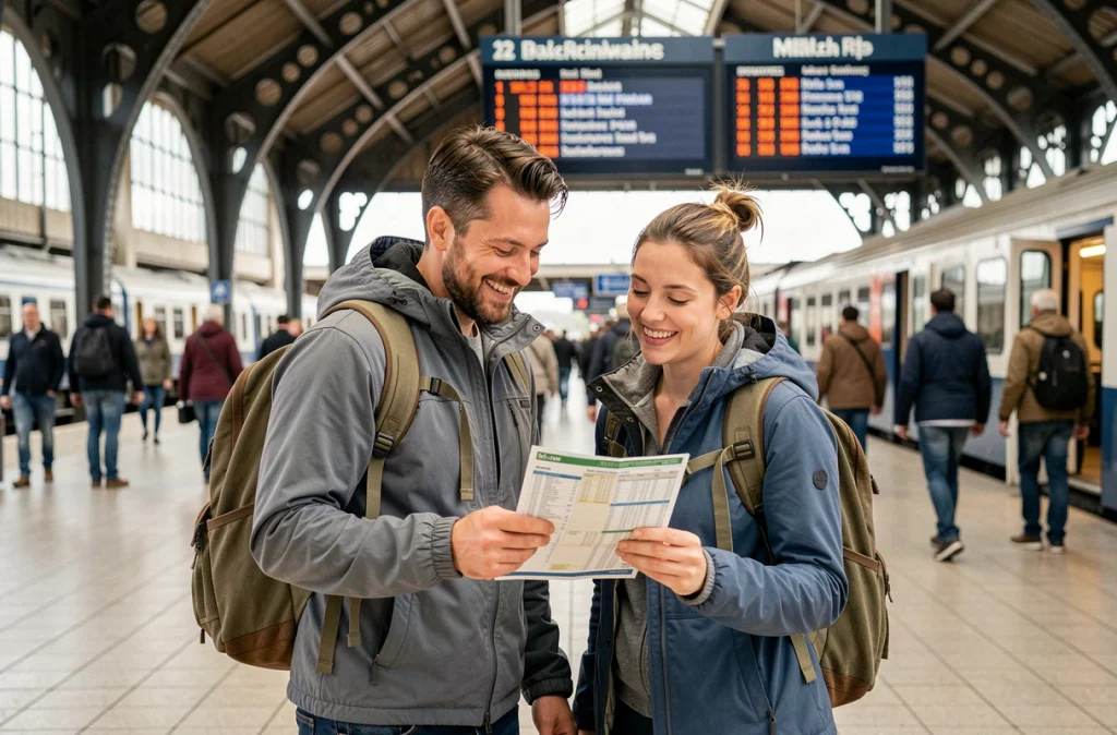 Couple en gare française prêt à partir en voyage lors des ponts de mai 2026