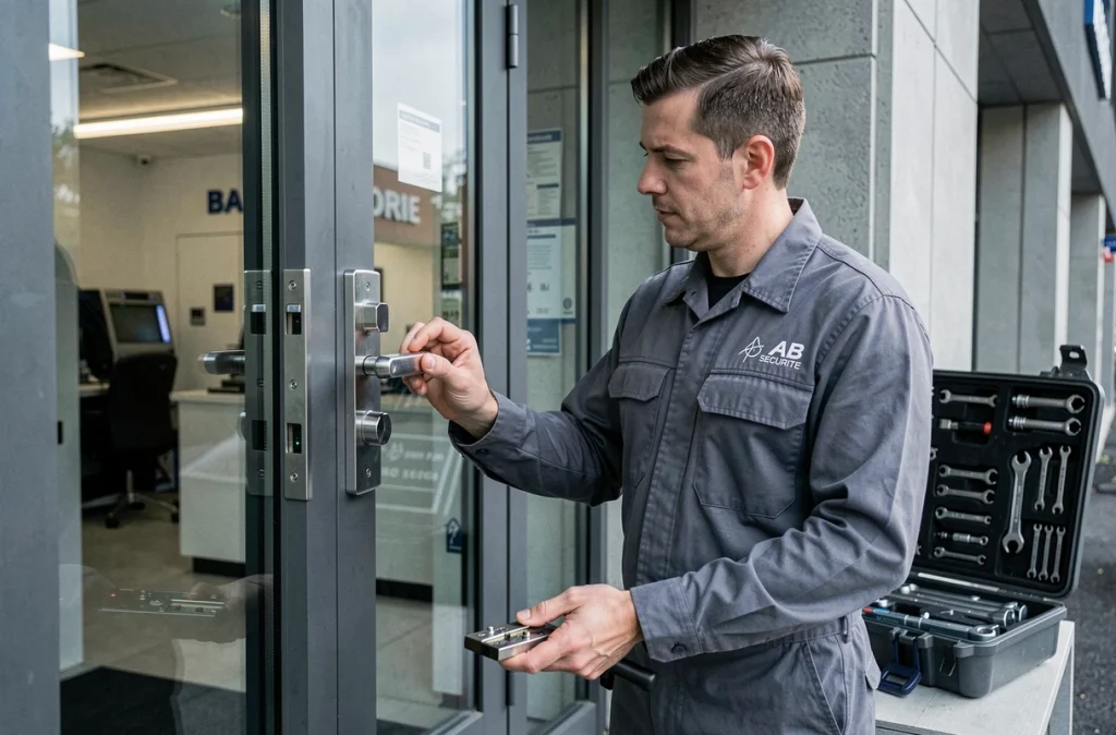 Technicien AB Securite installant une serrure haute sécurité sur l'entrée d'un bâtiment commercial