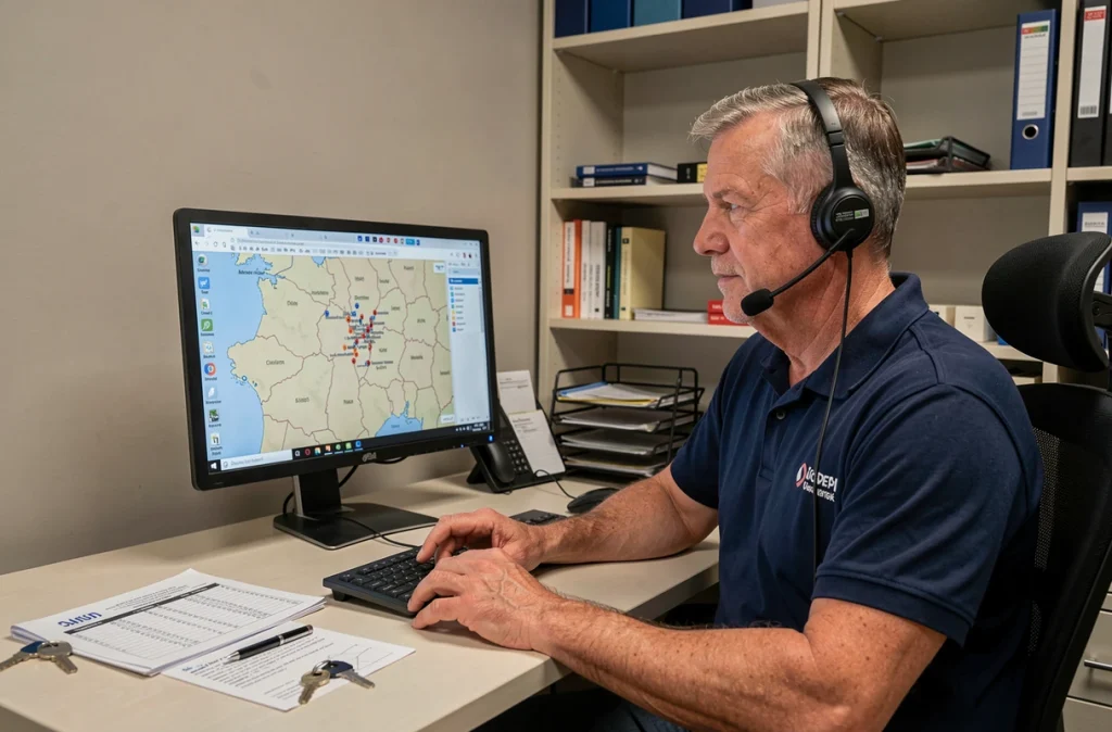 Agent de Allo Assistance Serrurerie gérant les appels et interventions d'urgence depuis un centre d'appel