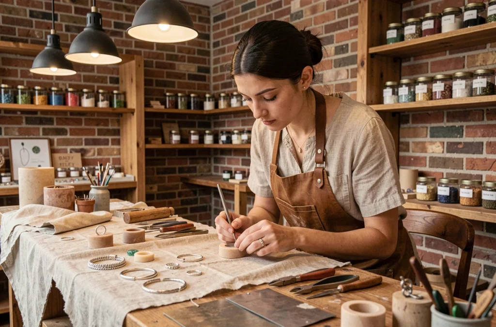Artisane bijoutière de l'Atelier d'Amaya à Lille travaillant une bague en argent dans son atelier aux murs en brique apparente