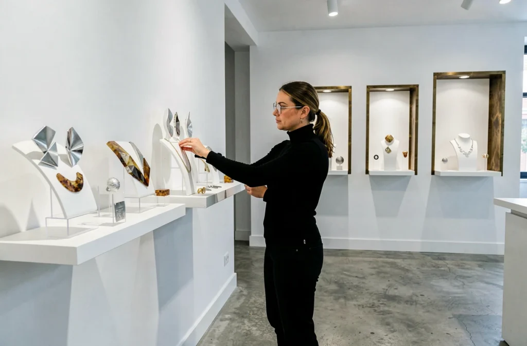 Créatrice de la bijouterie Déclic à Amiens arrangeant des bijoux design géométriques sur des présentoirs blancs minimalistes