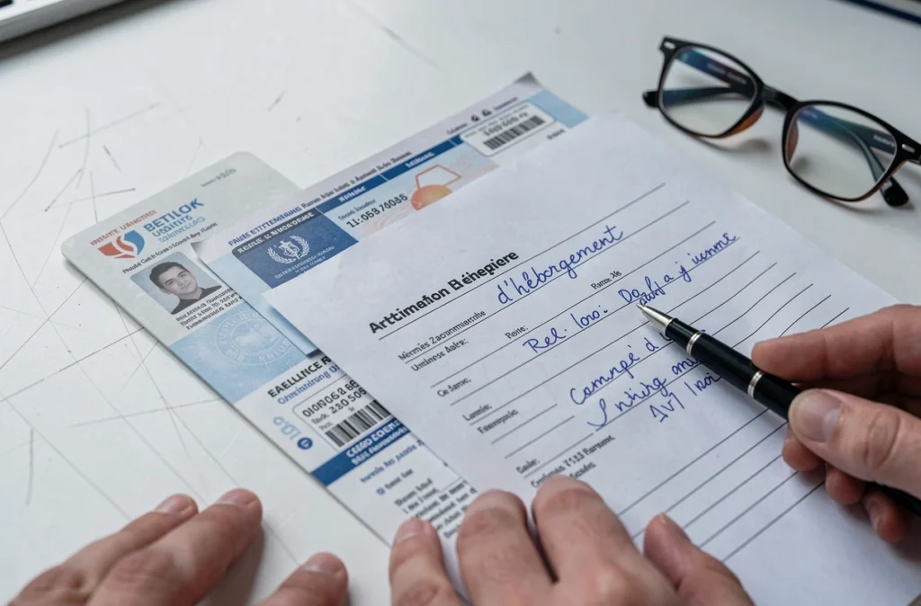 Documents requis pour une attestation d'hébergement gratuit posés sur un bureau : justificatif de domicile et formulaire