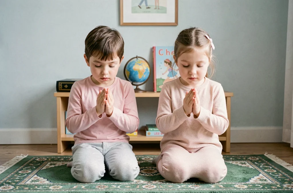 Deux enfants frère et sœur pratiquant ensemble la dua Istikhara agenouillés sur un tapis de prière dans leur chambre