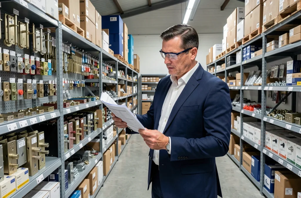 Représentant des Etablissements Kaiser dans un showroom de fournitures de serrurerie et quincaillerie professionnelle
