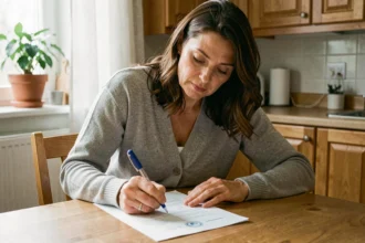 Femme rédigeant une attestation d'hébergement gratuit à la table de sa cuisine