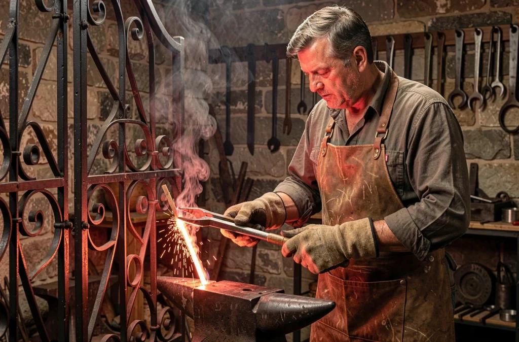 Artisan ferronnier de Ferronnerie Gaertner façonnant un détail en fer forgé pour un portail décoratif
