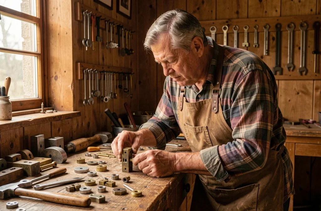 Artisan serrurier Gallicchio Serge dans son atelier examinant une serrure mortaise traditionnelle