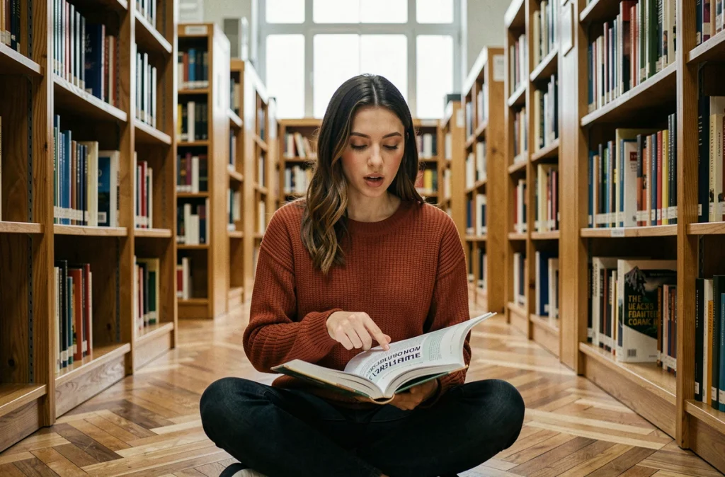 Jeune femme lisant un guide de grammaire française entre les rayons d'une bibliothèque municipale calme