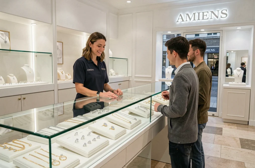 Conseillère de la bijouterie Julien d'Orcel à Amiens aidant un couple à choisir une bague de fiançailles au comptoir