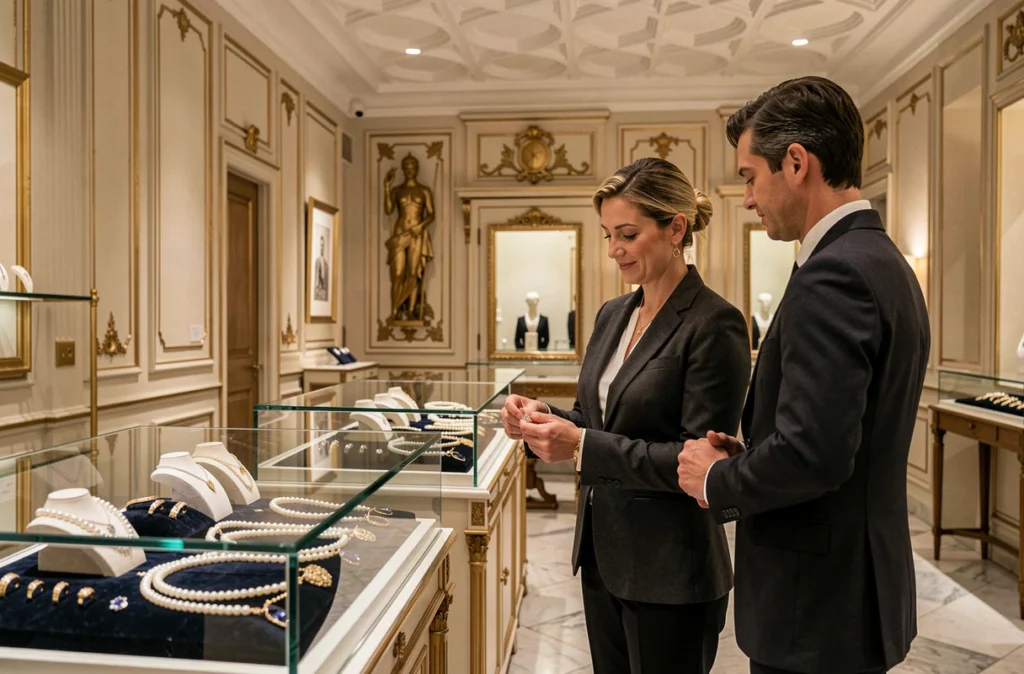 Intérieur élégant de la bijouterie joaillerie Lepage à Lille avec un conseiller présentant une bague diamant à des clients