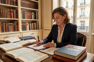 Femme linguiste annotant un document grammatical entourée de dictionnaires français dans un bureau parisien classique