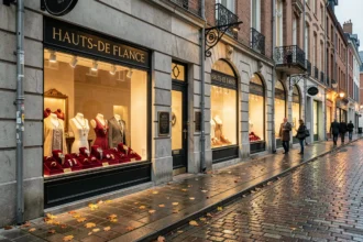 Vue d'une rue commerçante des Hauts-de-France avec plusieurs vitrines de bijouteries élégantes aux devantures typiquement flamandes