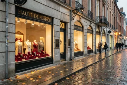 Vue d'une rue commerçante des Hauts-de-France avec plusieurs vitrines de bijouteries élégantes aux devantures typiquement flamandes