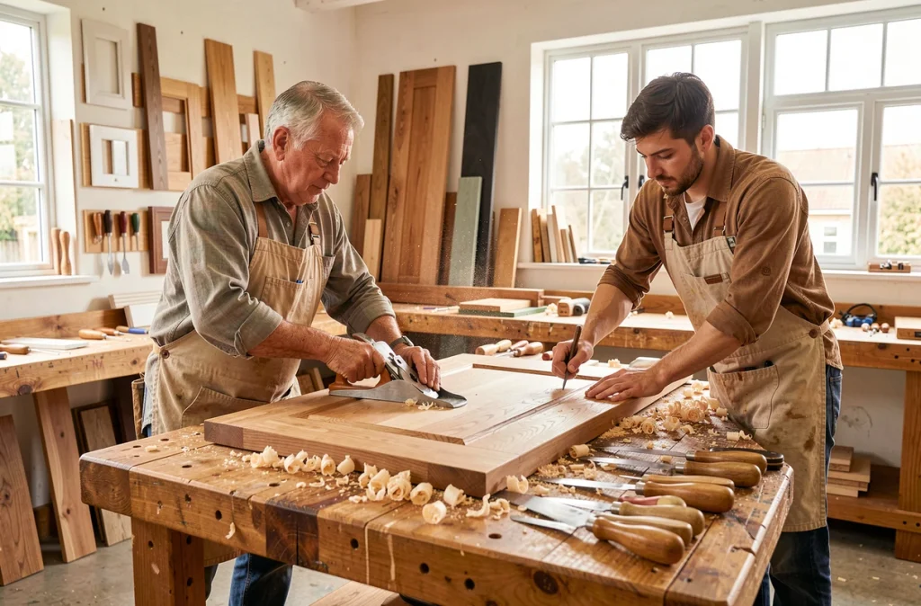 Père et fils de la Menuiserie Ebenisterie Galland Et Fils travaillant ensemble sur un panneau de porte en chêne