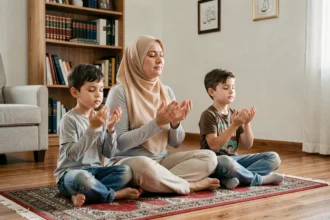 Mère et enfants apprenant la dua Istikhara ensemble sur un tapis de prière dans un salon familial chaleureux