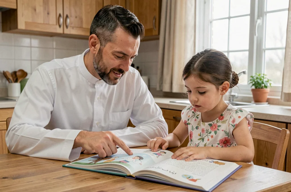 Père expliquant la dua Istikhara à sa fille autour d'un livre islamique illustré pour enfants