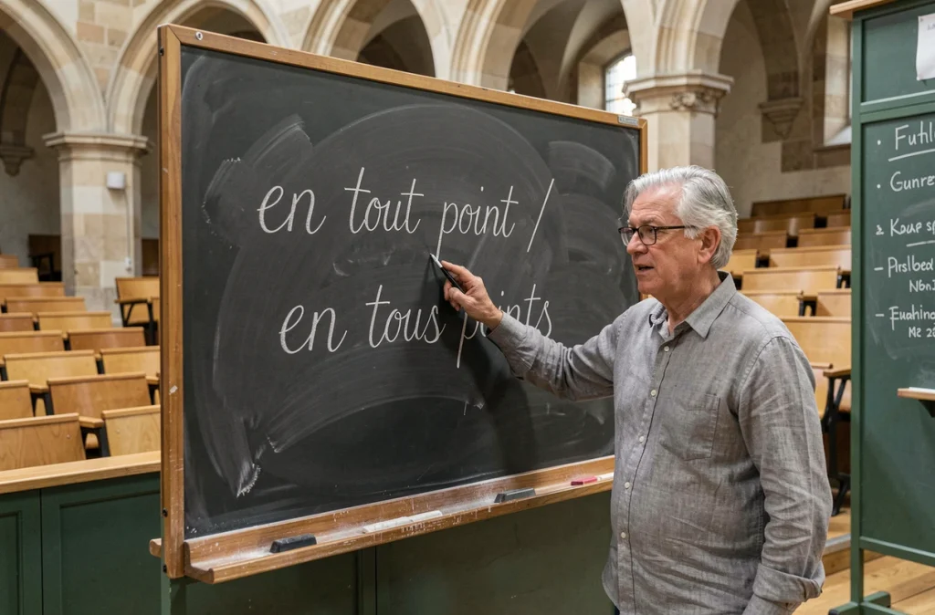 Professeur de linguistique devant un tableau noir avec la phrase en tout point ou en tous points écrite à la craie dans un amphithéâtre universitaire