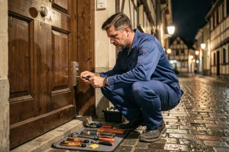 Serrurier professionnel intervenant en urgence devant une porte résidentielle dans le Haut-Rhin la nuit