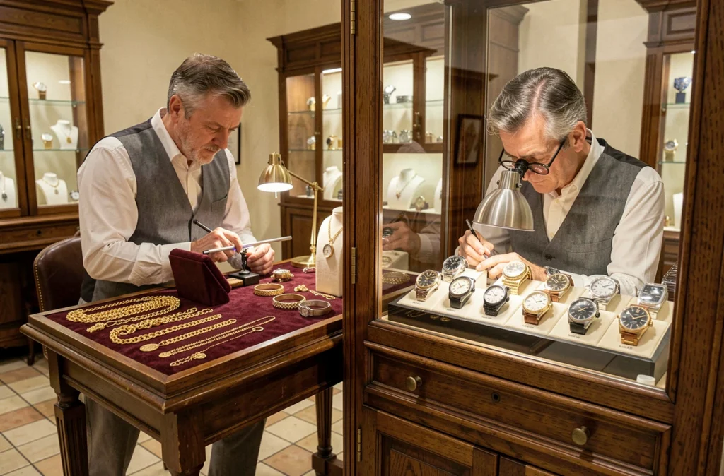 Horloger de Temps et Or à Arras travaillant sur un mouvement de montre derrière une vitre séparant l'atelier des vitrines de bijoux