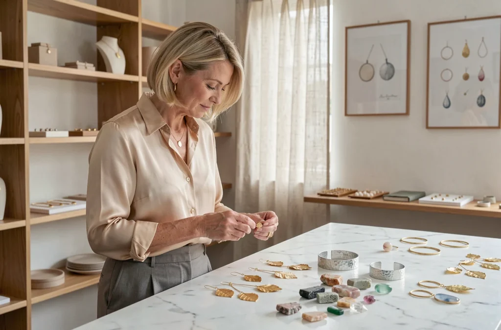 Créatrice Virginie Monroe à Lille photographiant sa collection de bijoux artisanaux en or et argent martelé sur un plateau en marbre blanc