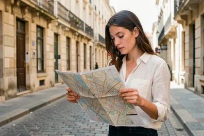 Femme consultant un plan de Montpellier dans une rue du centre historique pour trouver un arrondissement et son code postal